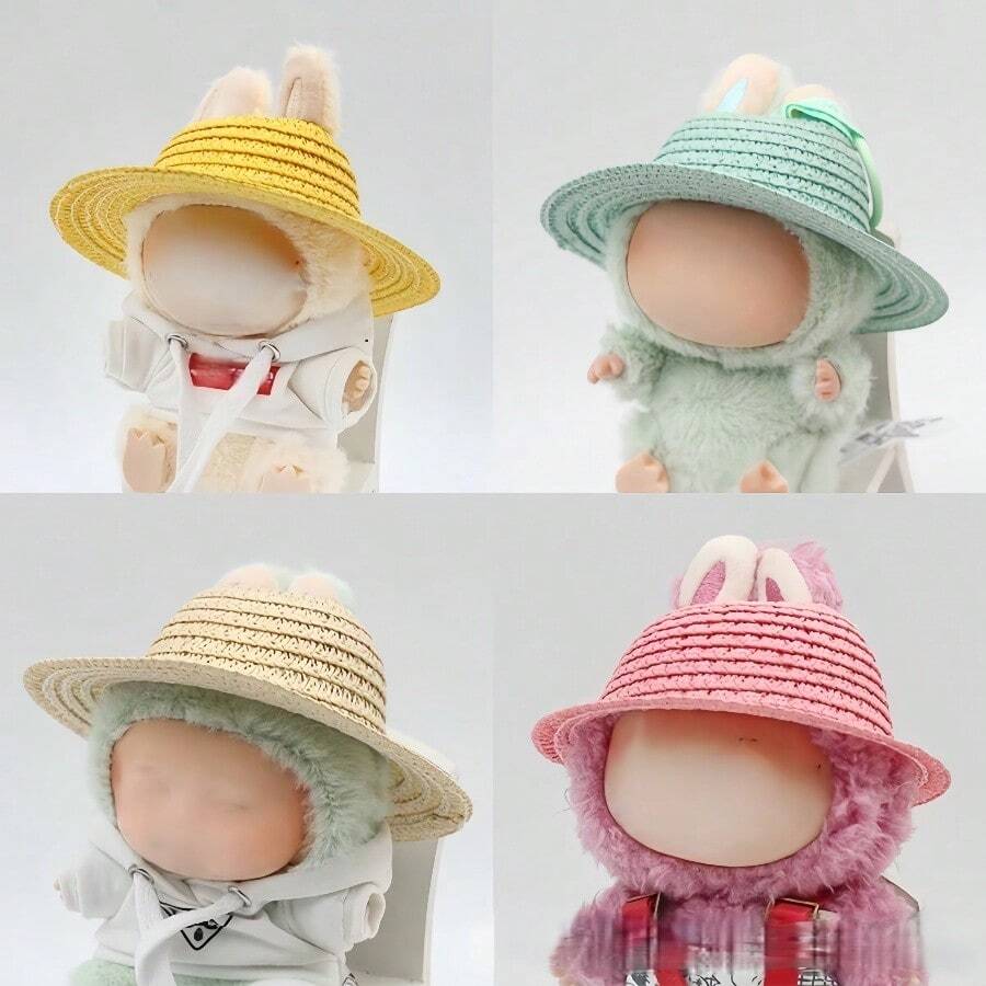 1 Piece Of Hollow Hat, Natural Straw Material, Round Hollow Ear Hole Design, Removable Doll Headdress For Labubu Sitting Series Doll Hat, Suitable For Toy Decoration, Party, Collection Display, Desktop Scene Layout - Multicolor - View 1