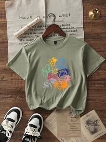 男童休闲草绿色印花圆领短袖T恤，夏季上衣 - 橄欖綠 - 查看 3