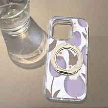 Funda para teléfono 1 pieza con patrón de tulipán morado, soporte de ventosa giratorio magnético fuerte de acrílico de alta transparencia, teléfono móvil, base anticaída y lisa, adecuado para 16Promax 16 15Pro 14 13Pro 1454Pro Series - Blanco - Ver 2
