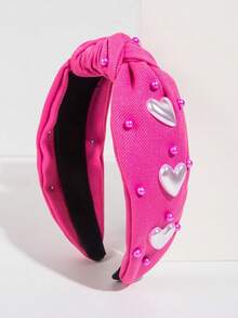 1 件复古优雅奢华纯色心形铆钉结头带，女士夏季日常佩戴发饰，发带，发箍 - 玫紅色 - 查看 1