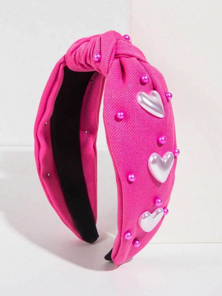 1 件复古优雅奢华纯色心形铆钉结头带，女士夏季日常佩戴发饰，发带，发箍 - 玫紅色 - 查看 1