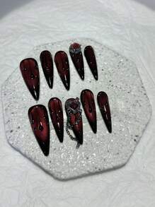 10PCS Dark Blood Red Hot Girl Press On Nails Handmade Red Cat Eye Blood Drops Vampire Red Diamonds Fake Nail Press On Nails Long Nail Supplies(1 Sheets Jelly Stickers+1PC Nail File) - Burgundy - View 3