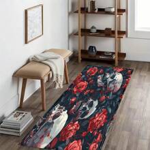 1 pieza Felpudo de entrada/baño/cocina/lavandería con estampado de esqueleto de Halloween y flores, de base de TPR y apariencia de lana sintética, para decorar el ambiente festivo, el hogar, fiestas, bodas y comedores