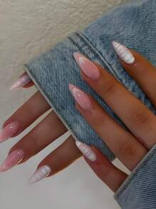 24片长杏仁渐变美甲贴纸，按压式美甲贴片，适合女性和女孩日常佩戴，夏季美甲配件 - 粉色 - 查看 1