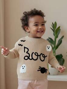 Toddler Baby Girls Boys Halloween Long Sleeves Sweater Casual Letter Ghost Spider Embroidery Pullover Knitwear - Beige - View 4