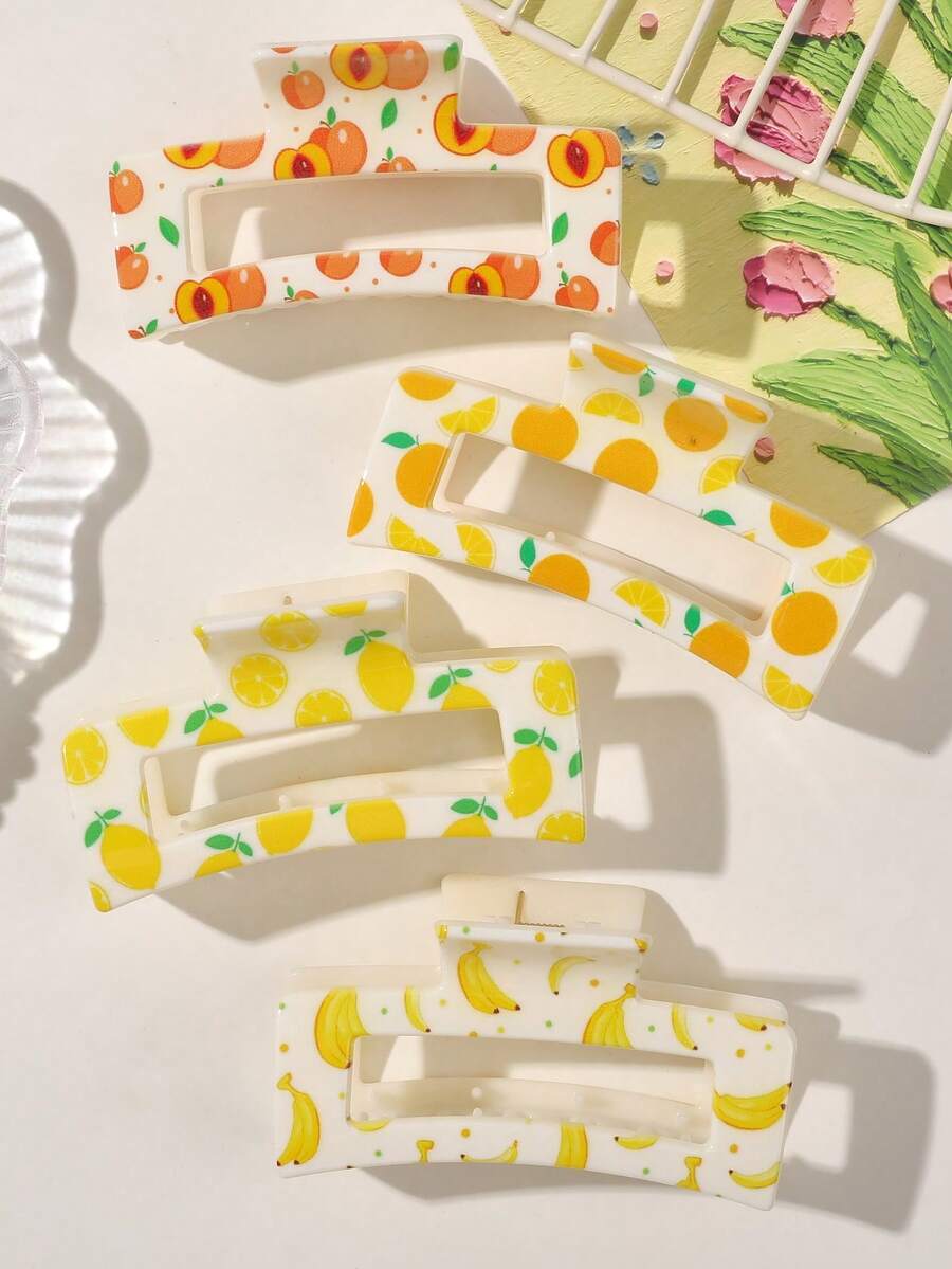 爪夹 4 件装 ABS 波西米亚水果桃柠檬香蕉橙色 UV 印花方形发夹，甜美光泽简约时尚日常发饰，适合春夏季、学校用品、大学 - 彩色 - 查看 1