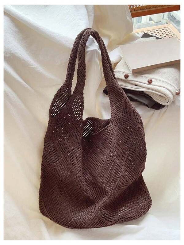 Bolsa de Ombro Tricotada Oca Simples, Bolsa de Crochê Leve, Padrão Oco de Crochê Casual, Estilo de Férias para Adolescentes, Mulheres, Estudantes Universitárias, Perfeita para Faculdade, Atividades ao Ar Livre, Viagens, Passeios, Férias Casuais, Bolsa de Praia, Bolsa de Ombro, Sacola