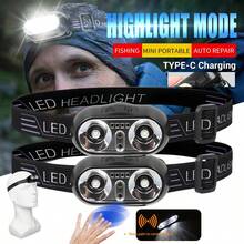 1 pieza Linterna frontal LED conveniente con sensor de movimiento, recargable, impermeable, adecuada para camping al aire libre, iluminación de emergencia en el hogar