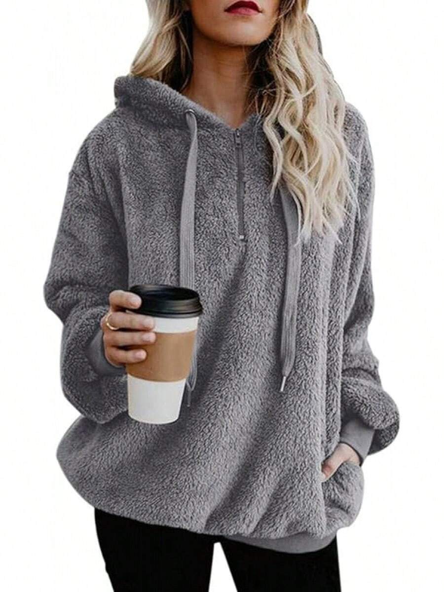 Womens Fuzzy Hoodies Pullover Sport Hoodie Cozy Oversized Pockets Hooded Sweatshirt Athletic Fleece HoodiesChristmas - Xám - Xem 1