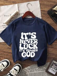 1pc Tween Girls English Text Print Crew Neck Short Sleeve T-Shirt, Blue, Student & Young Casual Comfy & Fashionable Summer Top