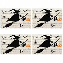 Juego de 4/6/12 manteles individuales - Estampado de calabaza de terror, bruja y murciélago - Manteles individuales impresos creativos, resistentes al calor, decoración de mesa de cocina para Halloween, decoración de habitación, decoraciones de mesa para fiestas, mejorando la atmósfera festiva