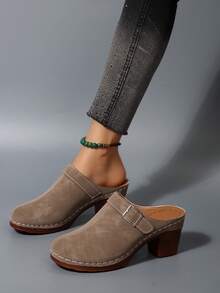 女士时尚穆勒鞋：粗跟设计，搭配牛仔裤/裙子的休闲日常穿着，优雅的波西米亚风扣环 - 卡其色 - 查看 4