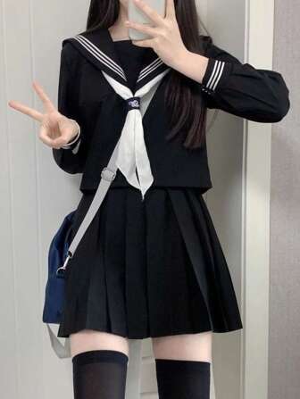 1pc Japanese School Style Black JK Uniform Skirt Set, Student Black Sailor Suit Set, Suitable For Daily Campus Wear