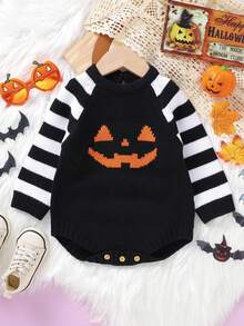 Baby Sweater Romper Striped Long Sleeve Round Neck Pumpkin Face Print Bodysuit Infant Halloween Outfit - Black - View 4