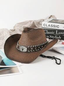 1pc Casual Bull Star Pattern Boho Rivet Bow Straw Sun Hat, Fashionable Versatile Beach Holiday Shade Hat For All Seasons