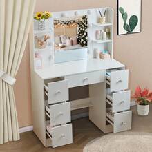 7-Drawers Dressing Table With LED Lighted Makeup Mirror Wood Vanity Dresser Desk - White - View 3