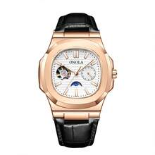 ONOLA 3855 简约时尚风格男士自动机械表商务休闲风格，带有太阳、月亮和星星图案，皮革表带 - 送给他一份时尚的礼物，奢华手表 | 时尚金属饰面 - A - 查看 16