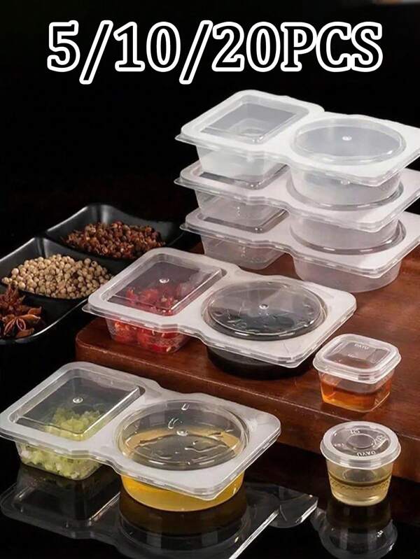 5/10/20PCS Portable Dual Compartment Condiment Box-Reusable Plastic Sauce And Dip Tray, Travel/Camping Food Storage Container, Summer Camping Food Storage Box With Lid, Multi-Purpose Dip Box With Lid, Salad Dressing Takeaway Box, Dual Compartment Condiment Box, Snack Box With Lid, For Takeaway Sauce Tasting