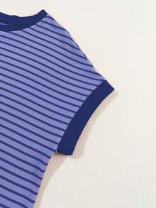 Acelitt Striped Contrast Color Shoulder Short Sleeve Knit Casual Round Neck T-Shirt, Summer - Purple - View 7
