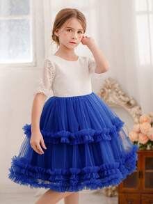 Girls'Contrast Lacek Tulle Puffy Princess Dress, Cake Skirt Suitable For Birthday Party, Flower Girl, Wedding, School Performance, Holiday Celebration - Royal Blue - View 5