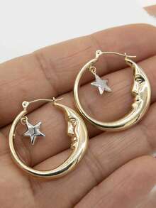2pcs/Set Women Moon, Star & Human Geometric Hollow Hoop Earrings, Golden Metal Minimalist Style For Party & Holiday - 金色 - 查看 3