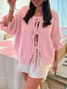 女士休闲可爱纯色简约荷叶边前系带蝴蝶结设计圆领短袖针织开衫毛衣上衣短袖春夏秋季外出服返校