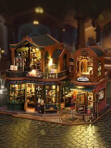 Vintage Bookstore Style Miniature House With LED Light, Double Building Design DIY Wooden Kit With Book Shelves And Street Details, Twilight Book Mall For Home Decoration, Holiday Gift And Relaxing Assembly Project - Multicolor - View 8