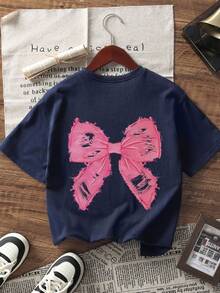 1pc Tween Girls' Bowknot Print Pullover Navy Short Sleeve T-Shirt, Student Youth Wear, Comfortable & Fashionable Summer Top