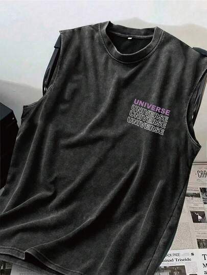 男士加大码休闲无袖圆领做旧水洗背心，带有星星、星系和字母印花，街头潮流 Y2K 风格，适合日常穿着