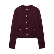 DEEKA Spring & Autumn New Casual Fashion Minimalist Gold Button Knitted Cardigan Sweater - Burgundy - View 9