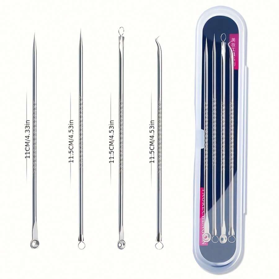 4pcs/Set Acne Blackhead Needle Black Spot Pimple Blemish Remover Light Beige Care Women Beauty Acne Care Pore Cleanser Needle Hook - 銀色 - 查看 1