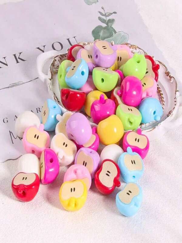 1 paquete (12 piezas/paquete) Cuentas con forma de medio manzana de colores mixtos estampados, decoración artesanal DIY, para niños, joyería, dijes de teléfono, ropa