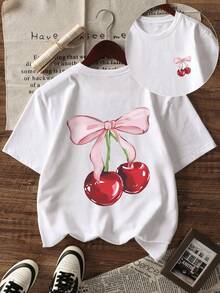 1 Set Girls' Cherry Bow Graphic Round Neck Short Sleeve T-Shirt And Casual Dress, Ideal For Students And Tween Girl In Summer - White - View 4