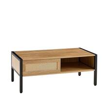 40.16" Rattan Coffee Table, Sliding Door For Storage, Metal Legs, Modern Table For Living Room - Natural Oak - View 7