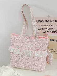 1 Bolso de hombro acolchado con monedero, Bolso de tote esponjoso con estampado floral menudo, Bolso de hombro con cremallera, Bolso corto de viaje, Bolso rosa de viaje, Bolsa de compras, Accesorio de bolso, Para viajes, trabajo y compras