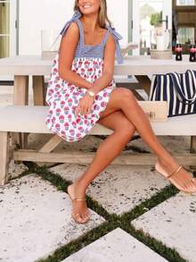Women's Summer Cami Dress Striped Floral Patchwork Dress Boho Sleeveless Open Back Tie Shoulder Loose Short Dress Cute Dress With 2 Pockets For Beach Party Going Out Dress - Đỏ - Xem 5