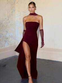 无肩带性感修身开衩飘逸连衣裙，伴娘礼服，万圣节圣诞派对礼服，优雅