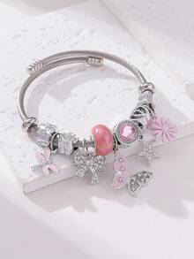 1 件优雅水晶水钻皇冠、蝴蝶结、心形吊坠和棋盘串珠不锈钢手链套装，时尚珠宝礼物，适合女性，适合派对和母亲节 - 銀色 - 查看 14