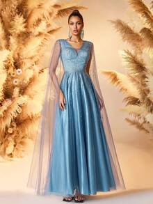 1pc Elegant Vintage Modest Party Romantic Heavy Beaded Mesh Patchwork Dress For Wedding, Party, Birthday, Graduation, Formal Dinner, All Seasons - Blue - View 4