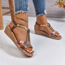Simia Rhinestone Roman Sandals Summer New Korean Fashion Peep Toe Slip-On Wedge Casual Large Size Wave - Da Vàng - Xem 5
