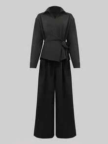 Women's 2 Pieces Set Featuring V-Neck Tie Front Long Sleeve Top & High Waist Casual Pants, Solid Color Casual