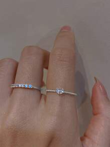 2pcs Women's Adjustable Open Crystal Heart Design Rings, Sweet & Fresh