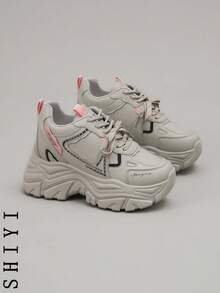 女士字母图案厚底休闲日常百搭运动鞋 - 灰色 - 查看 4