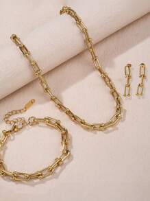 Set de 3 piezas con cadena en forma de U inspirada en la moda de joyería lujosa geométrica, que incluye collar, pulsera y aretes, adecuado para adolescentes/adultos jóvenes, uso diario, vacaciones, viajes, fiestas, como regalo