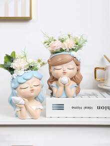 Cute Head Planter Resin Succulent Little Girl Flower Pot, Human Face Cactus Plants Container Bonsai Holder Thumb Fairy Figurine Statue With Drainage Decor Gift (Blue & Green) - Multicolor - View 5