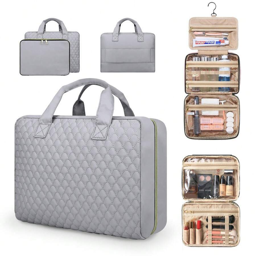 Two Piece Makeup Bag With Dry And Wet Separation, Capable Of Hanging Full-Size Containers, Large Capacity Travel Toiletries, Multi-Purpose Makeup Bag - Durable Polyester Fiber, Convenient - Suitable For Men And Women's Travel, Business Trips, Gym And Daily Use - 灰色 - 查看 1