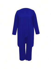 New Summer Women's Casual Three-Piece Suit, Sleeveless Vest And Long-Sleeved Open-Front Jacket And Loose Wide-Leg Pants, Suitable For Leisure And Going Out - Màu xanh lam - Xem 4