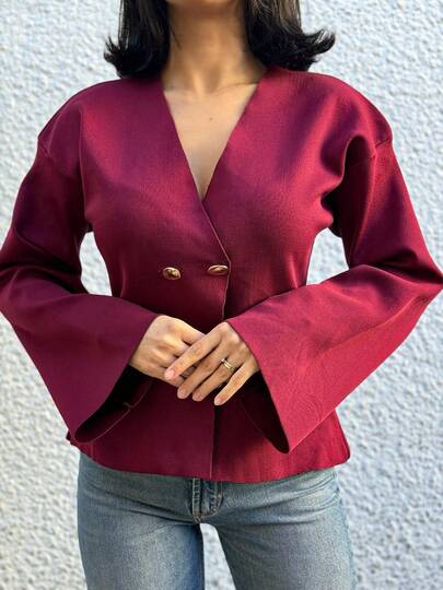 Woman Button Front Solid Burgundy Cool Warm Winter Chic Knitwear Classic Solid Color Casual Elegant Distinctive Button-Down Cardigan