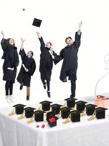15PCS/35CS Black Bachelor Hat Graduation Candy Boxes 2025 Doctoral Cap Gift Packaging Box Black Graduation Celebration Centerpieces Chocolate Cookie Box With Tassel For Graduation Ceremony Party Supplies - Black Box + Yellow Rope - View 4