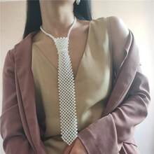 Pearl Tie Woven Hollow Bead Scarf Scarf, Neck Decoration Collar, Retro Matching Shirt Hollow Fake Collar Accessory Korean Style Draweye Pearls Tie Long Necklace Choker Hyperbole Crystal Neck Tie